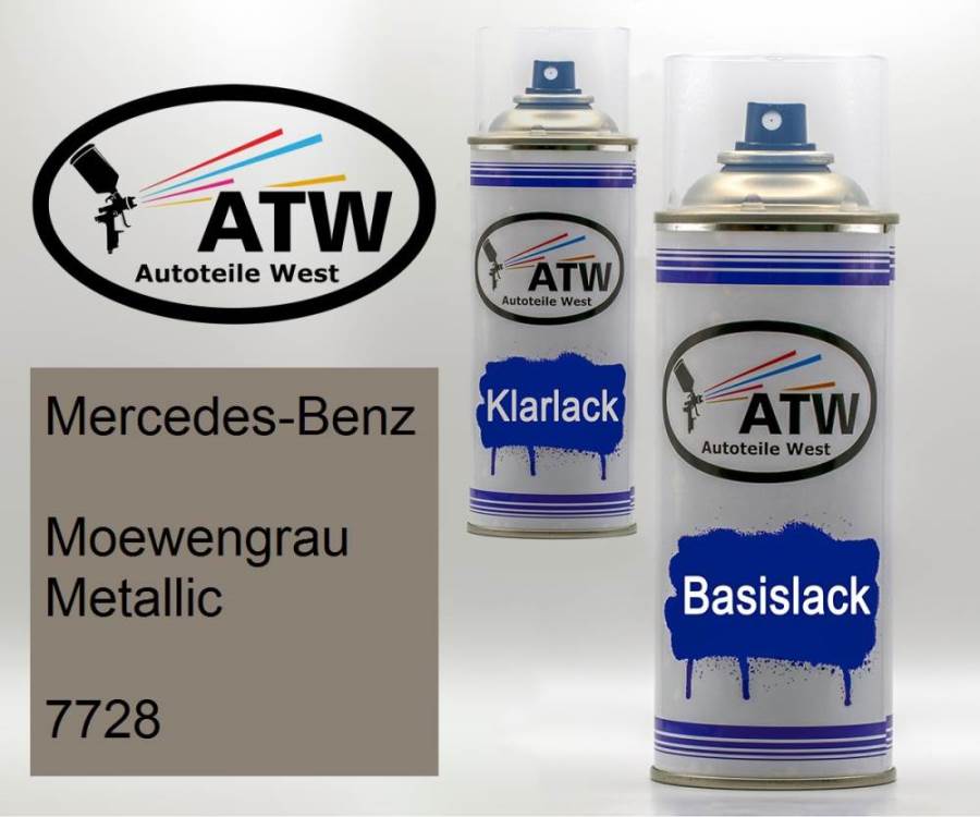 Mercedes-Benz, Moewengrau Metallic, 7728: 400ml Sprühdose + 400ml Klarlack - Set, von ATW Autoteile West.